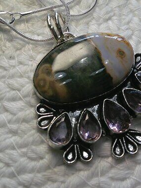 Natural OCEAN JASPER & PINK TOPAZ Handmade Sterling 925 Pendant/Chain #591E